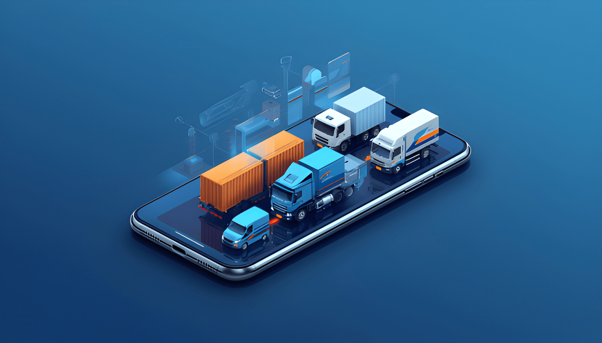Smartphone showing isometric illustration of trucks and logistics fleet representing technology in Indian transport