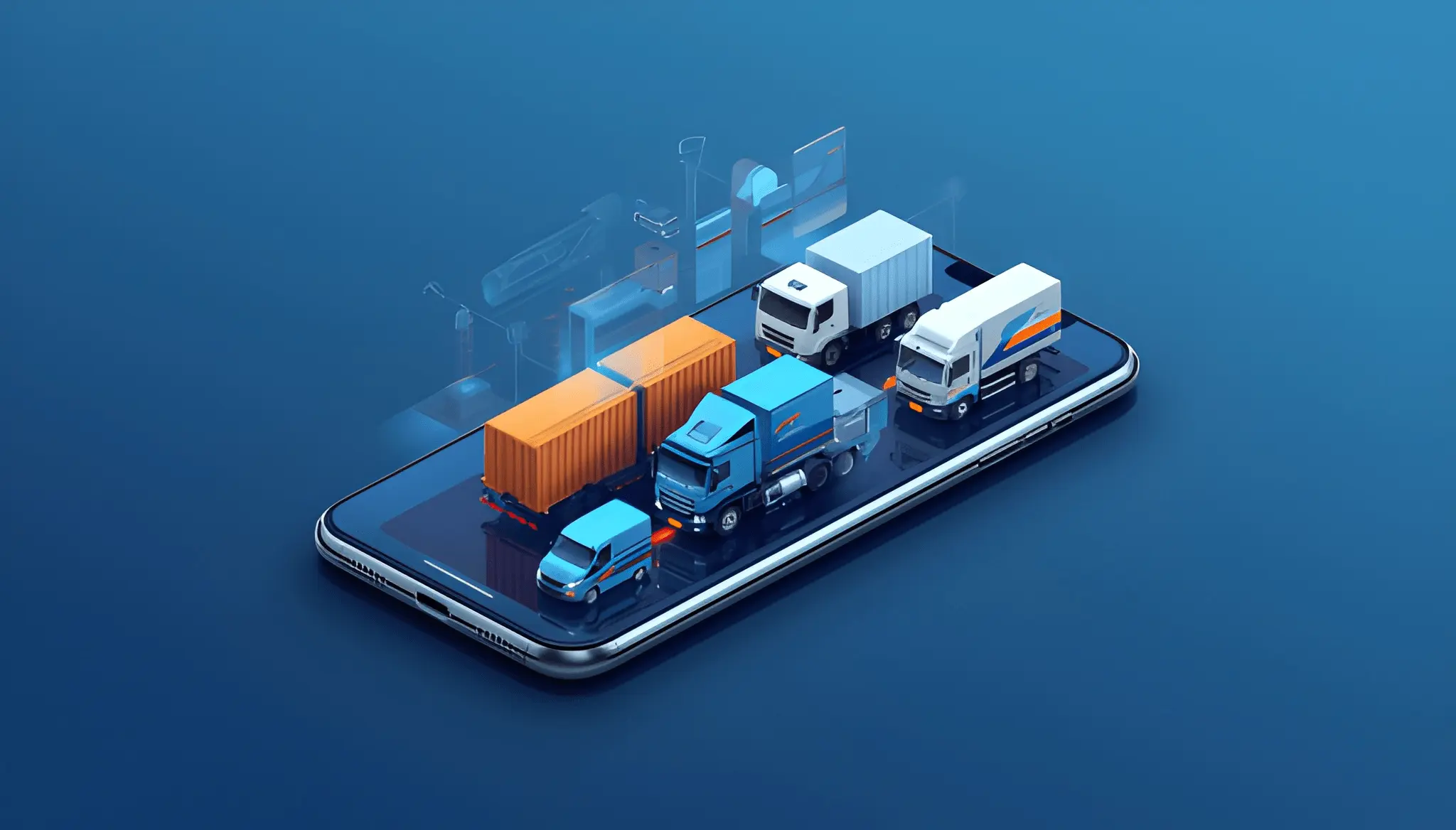 Smartphone showing isometric illustration of trucks and logistics fleet representing technology in Indian transport